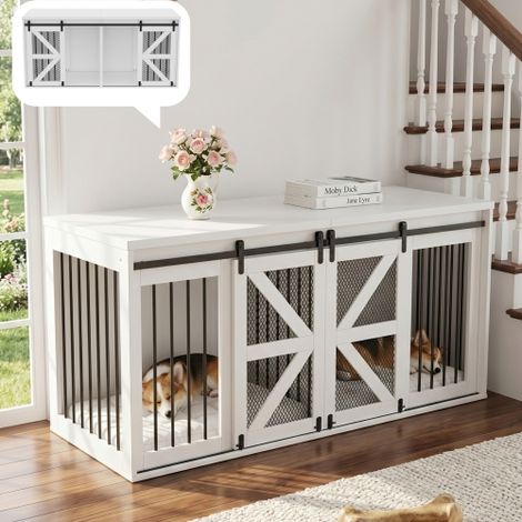 Gabbia per cani con porta a battente, cuccia per interni, gabbia per cani in metallo e fibra di legno, gabbia per due cani, con divisorio centrale fisso, mobile TV con ante scorrevoli, bianca, 160 x 6 (1/5)