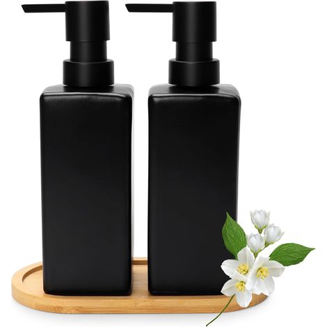 Distributeur de Savon, Lot de 2 distributeurs de détergent de Cuisine, Distributeur de Savon avec Plateau, Savon et Distributeur de détergent, Ensemble de shampoing de Douche, 350 ML, Noir pour