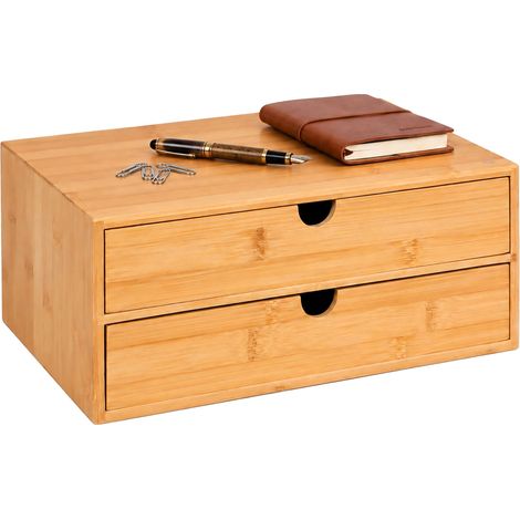 Relaxdays Caja con 2 Cajones de Bambú, Organizador de Escritorio, 13,5 x 33 x 21 cm, Natural (1/5)
