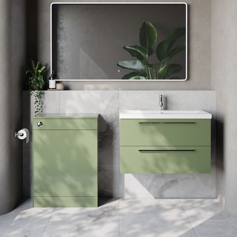 Napoli 390 Cento Olive Green 1400mm Wall Mounted 2 Drawer Vanity Unit and Toilet Suite with Glide Basin - 1400mm - Chrome 480mm HandleWithout Kingston Toilet Pan