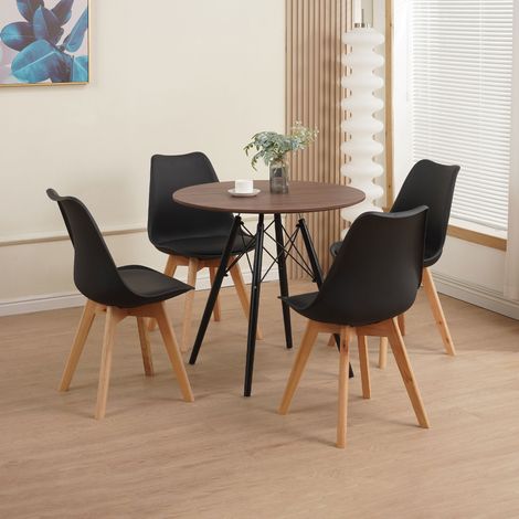 Ensemble repas table ronde effet noyer + 4 chaises noires - SCANDI