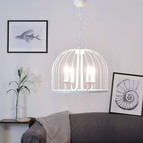 Hängelampe Weiß Metall Ø 39 cm Käfig Schirm für 4x E14 Pendelleuchte Esszimmer Wohnzimmer