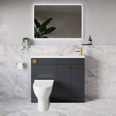 Napoli 250 Gloss Grey 1000mm 2 Door Vanity Unit Toilet Suite with Round Silvo Basin - 1000mm - Brushed Brass 160mm HandleWith Jubilee Toilet Pan and Seat