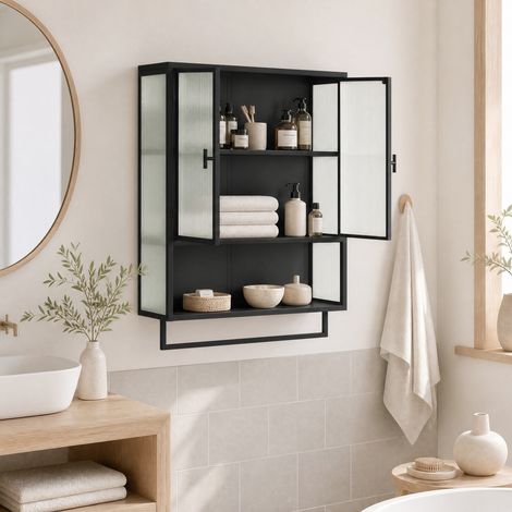Armoire murale 60x23x78 cm en métal et verre noir, avec rangement pour salle de bain FloraGrace (1/5)