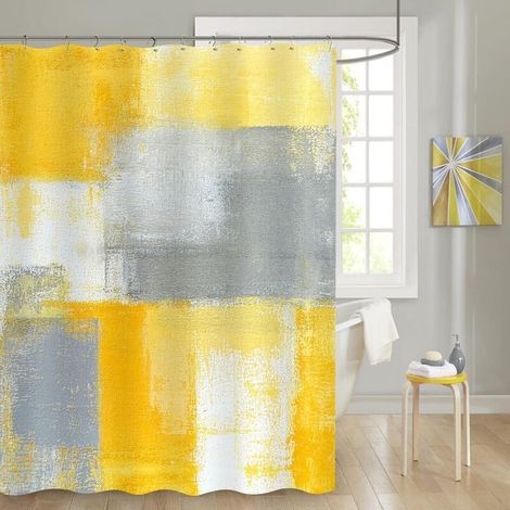 Rideau de Douche 72x72 cm, Motif Abstrait Jaune Moutarde et (1/5)