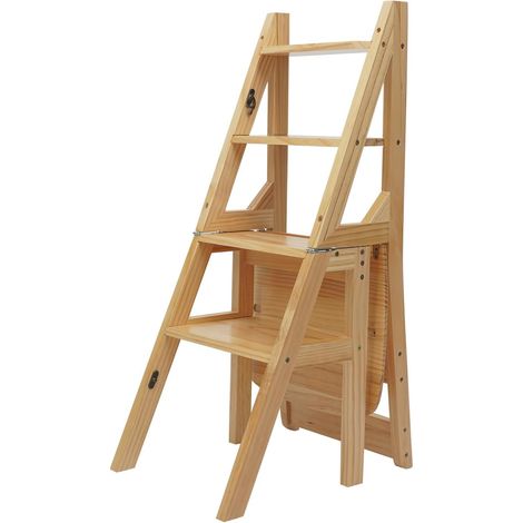 Escabeau pliable à 4 marches + chaise pliante en bois de pin, aspect bois, escabeau stable avec capacité de charge de 100 kg pour cuisine, entrepôt, jardin (1/5)