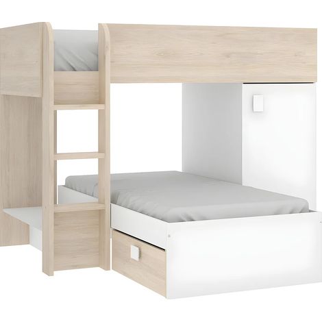 Lits superposés d'angle réversibles RICARDO - 2 x 90 x 190 cm - Rangements intégrés - Chêne et blanc (1/10)
