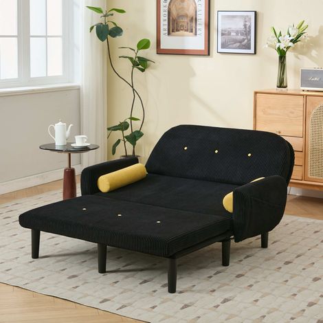 Canapé multiforme 119.0x68.0x24.0 cm convertible en lit, dossier réglable, deux coussins ronds, velours côtelé noir (1/5)