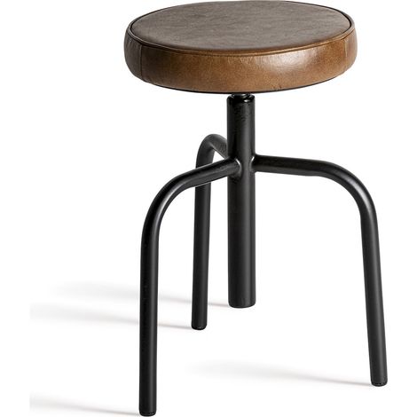 Tabouret haut vintage en fer et cuir - noir et marron (1/5)