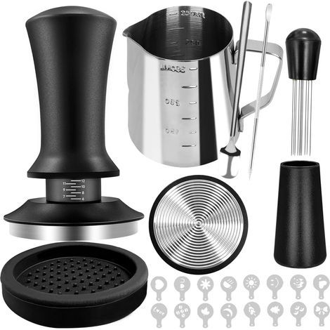 Set of 22 espresso stampers (53 mm), including a tamping mat, mixing spoon, frothing pitcher, latte art pen, and decorative stencils. (1/5)