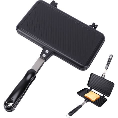 Poêle à frire double face en aluminium avec poignée résistante à la chaleur - Anti-adhésive - Pour sandwich, panini - Pour le camping, la maison, la cuisine, le petit-déjeuner