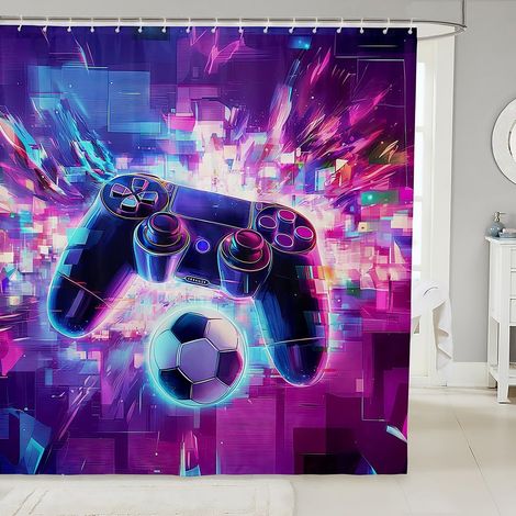 Tissu de Jeu Rideau Douche 180x200cm Console de Jeu Géométrique Football Console de Jeu Rideau de Bain 3D Néon Cube Football Rideau de Douche,Décoration de Salle de Bains pour Garçons - 180L X 200H cm (1/5)