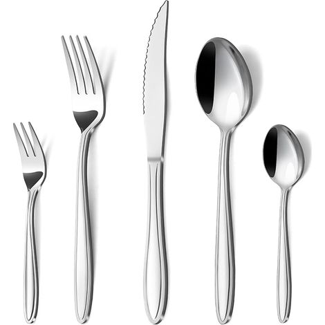 Lot de couverts en acier inoxydable pour 6 personnes, avec poignée lignée, ensemble de couverts avec couteau, fourchette, cuillère pour maison, restaurant, fête (1/5)