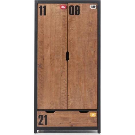 Armoire 2 portes 1 tiroir pin massif foncé et noir Alex (1/3)