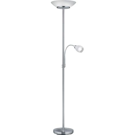 Lampadaire en métal nickel mat et verre blanc, avec 2 ampoules E27 et 1 ampoule E14 non incluses (1/5)