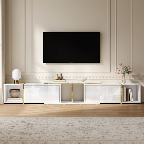 Mobile TV estensibile 275x35x37 cm in pannelli di legno bianchi con contenitore FloraGrace (1/5)