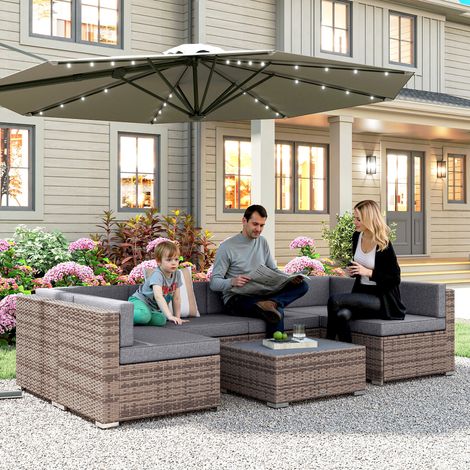 Ensemble de jardin en rotin 7 pièces avec table basse et canapé modulable, coussins inclus, gris (1/5)