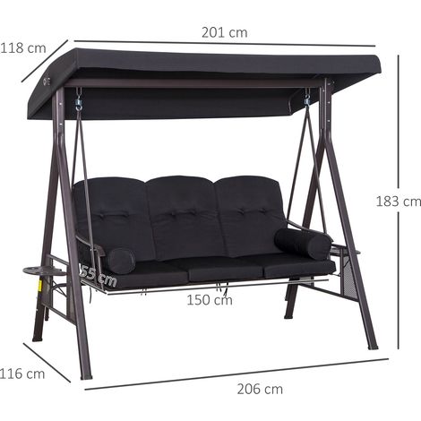 Balancelle de jardin Outsunny 3 places style Hollywood avec pare-soleil et coussins, métal et polyester, noir, 116 x 206 x 183 cm (1/5)