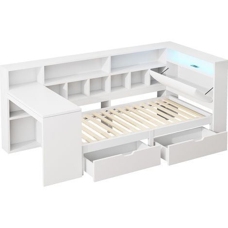 Lit plateforme en bois en L 90x200 avec bureau et bibliothèque, lit capitaine d’angle avec tête de lit rembourrée, tiroirs sous le lit, éclairage LED - Blanc (1/5)