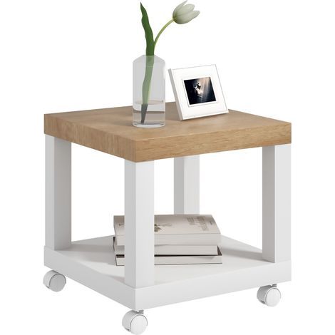 Table d'appoint roulante. table basse moderne avec étagère ouverte. 40 x 40 x 40 cm. bois naturel & blanc (1/5)