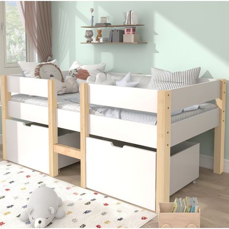Cama Infantil 90x190 Cm Madera Maciza Cajón Y Protección Caídas (1/5)