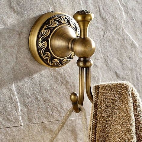 Design Antique Crochet Double Mural pour Peignoir Salle de Bain WC en Laiton de Qualité Base Sculptée Patère Double de Couleur (1/5)