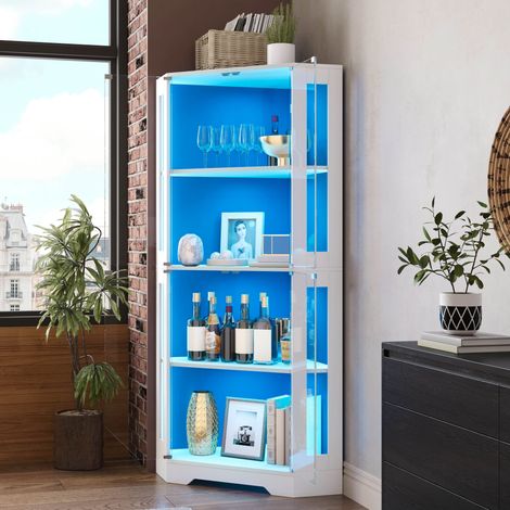 Mueble alto de cocina 165 cm con LED, enchufes, botellero y vitrina blanco HAVRYA (1/5)