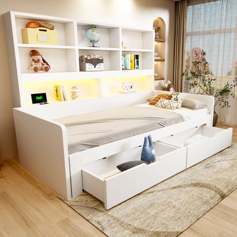 Lit Banquette Extensible 90x200 à 180x200 cm avec Éclairage LED, Prises, 2 Tiroirs, Tête de Lit avec Étagères, Rangements Ouverts, Bois - Blanc (1/5)