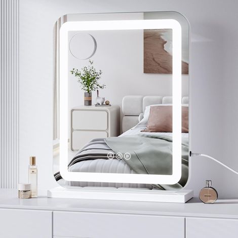 Dripex  Miroir de maquillage Hollywood avec éclairage, 50 x 40 cm – Miroir HD pour pose sur table ou fixation murale – Miroir style Hollywood avec 3 modes d'éclairage, miroir grossissant x10 et port U