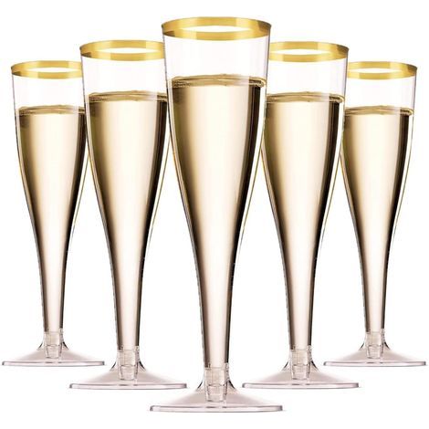 Eine Packung mit 50 goldgeränderten Champagnergläsern, je 150 ml, wiederverwendbar, mit Henkeln, geeignet für Gartenhochzeiten, Tagespartys, Babypartys (5 x 17 cm).