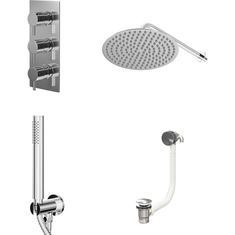 Circo Polished Chrome Concealed Triple Thermostatic Shower Valve with Diverter and 300mm Round Head with 345mm Wall Arm and Outlet Holder with Kit and Free-Flow Bath Filler - 3 Outlet (1/5)