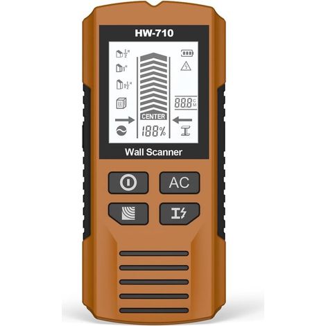 Scanner da parete 5 in 1, chip avanzato, rilevatore di legno, metallo, fili e tubi, display LCD e allarme, colore marrone ciliegia. (1/2)