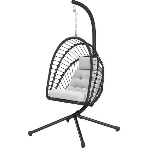 Outdoor PE Rattan Swing Chair with Foldable Basket Cushion, Garden Patio Hanging Egg Chair with Metal Stand, Headrest for Indoor Outdoor, Black (1/5)