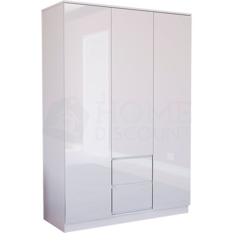 Glinton 3 Door 2 Drawer Wardrobe High Gloss With Hanging Rail & Storage Shelf, 100% FSC, White (1/5)