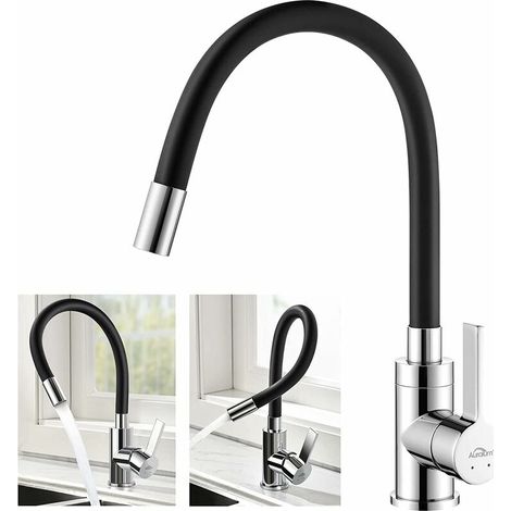 MINKUROW Flexibler Küchenarmatur, frei schwenkbar, hoher Auslauf, flexible Spültischarmatur, verchromtes Messing und Schwarz, Einloch-Spültischarmatur für heißes und kaltes Wasser