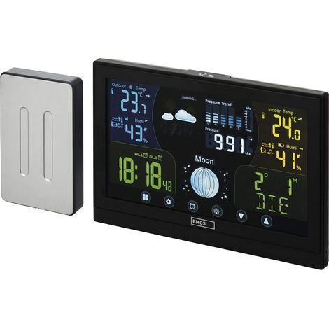 EMOS E6018 - Stazione meteorologica radio con sensore esterno e display touchscreen a colori + alimentatore, 13 funzioni: termometro, igrometro, barometro, previsioni meteo, orologio radiocontrollato (1/5)