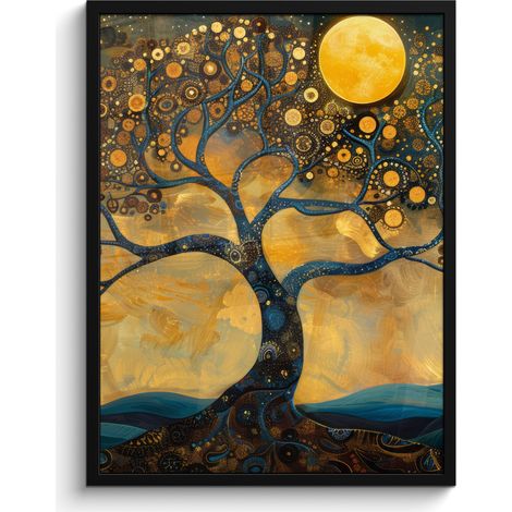 AFFICHE ENCADRÉE Arbre - Lune - Fleurs - Or - Art Tableau Décoration Murale 60x80 (1/5)