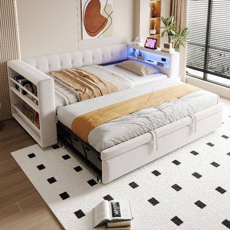 Multifunktionales Polsterbett ausziehbar mit LED-Beleuchtung und Steckdosen, praktisches Schlafsofa mit Stauraum, 90/180x190 cm, Flanellstoff (1/5)