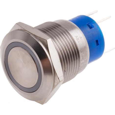 Bouton-poussoir, Momentané lumineux, LED Jaune, Unipolaire à deux directions (1RT), 5 A, Argent, Montage panneau 12V ( Prix pour 1 ) (1/2)