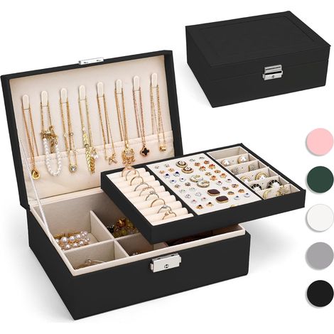 Boite a Bijoux Cuir PU, Grande Boîte à Bijoux avec 2 Étages, Noir de Jais (1/5)