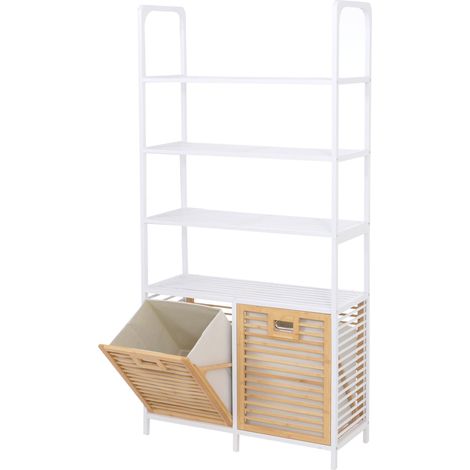 Bambus-Badezimmerschrank HHG-592, Regal Badschrank, 2 Wäschekörbe 4 Regalböden MVG 168x81x33cm natur-weiß, Korb natur (1/5)