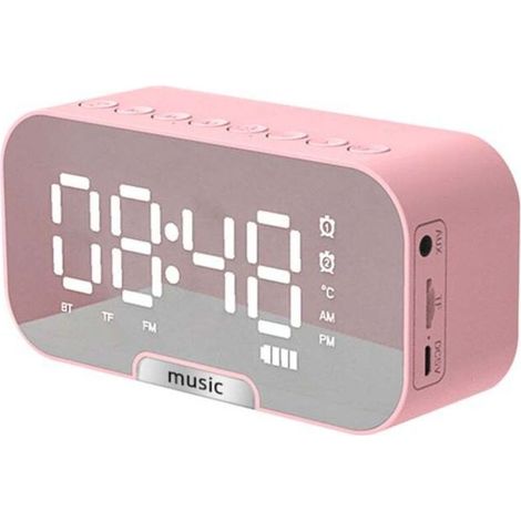 Digitaler Spiegelwecker mit Bluetooth-Lautsprecher, FM-Radio, Temperaturanzeige, TF-Kartenleser, 3 Helligkeitsstufen und Handyhalterung – Rosa (1/4)