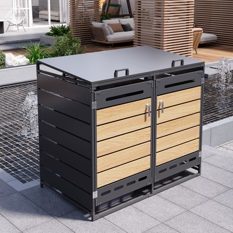 Boîte à poubelle avec couvercle hydraulique, bardage imitation bois horizontal, ventilation à fentes longues, armoire de jardin en fer avec serrure (1/5)