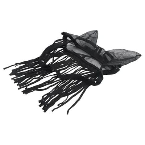 Masque anti-mouches pour cheval avec franges, respirant, en polyester, réglable, pour pâturage, écurie, facile à nettoyer, noir, 3 tailles disponibles (M) (1/5)