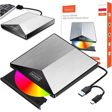 Unidad externa portátil, reproductor de DVD/CD RW 2 en 1, USB 3.0 y USB-C 3.1 para portátiles y ordenadores, grabadora de aluminio Zenwire SY881
