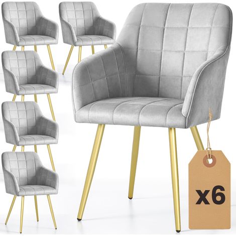 6er Set Polsterstühle mit quadratischen Ziernähten LUXANO Grau mit goldenen Beinen (1/5)