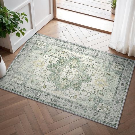 Tapis Vintage, Boho Lavable avec Dos Antidérapant, 60x90 cm Tapis Imprimé pour Entrée, Couloir et Corridor,Vert