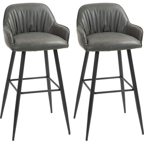 Set 2 Sgabelli da Bar Moderni con Poggiapiedi e Schienale, Finta Pelle PU e Acciaio, Grigio (1/5)