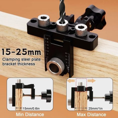 Dima per foratura cerniere, guida per foratura legno, guida di foratura regolabile per lavorazione del legno, posizionatore di fori angolati per lavorazione del legno 8/10/15 mm (Stile 1, lega di allu (1/4)