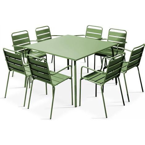 Oviala – Ensemble table de jardin carrée 8 places en acier thermoplaqué – 8 fauteuils empilables – Résistant à la rouille – Facile à entretenir